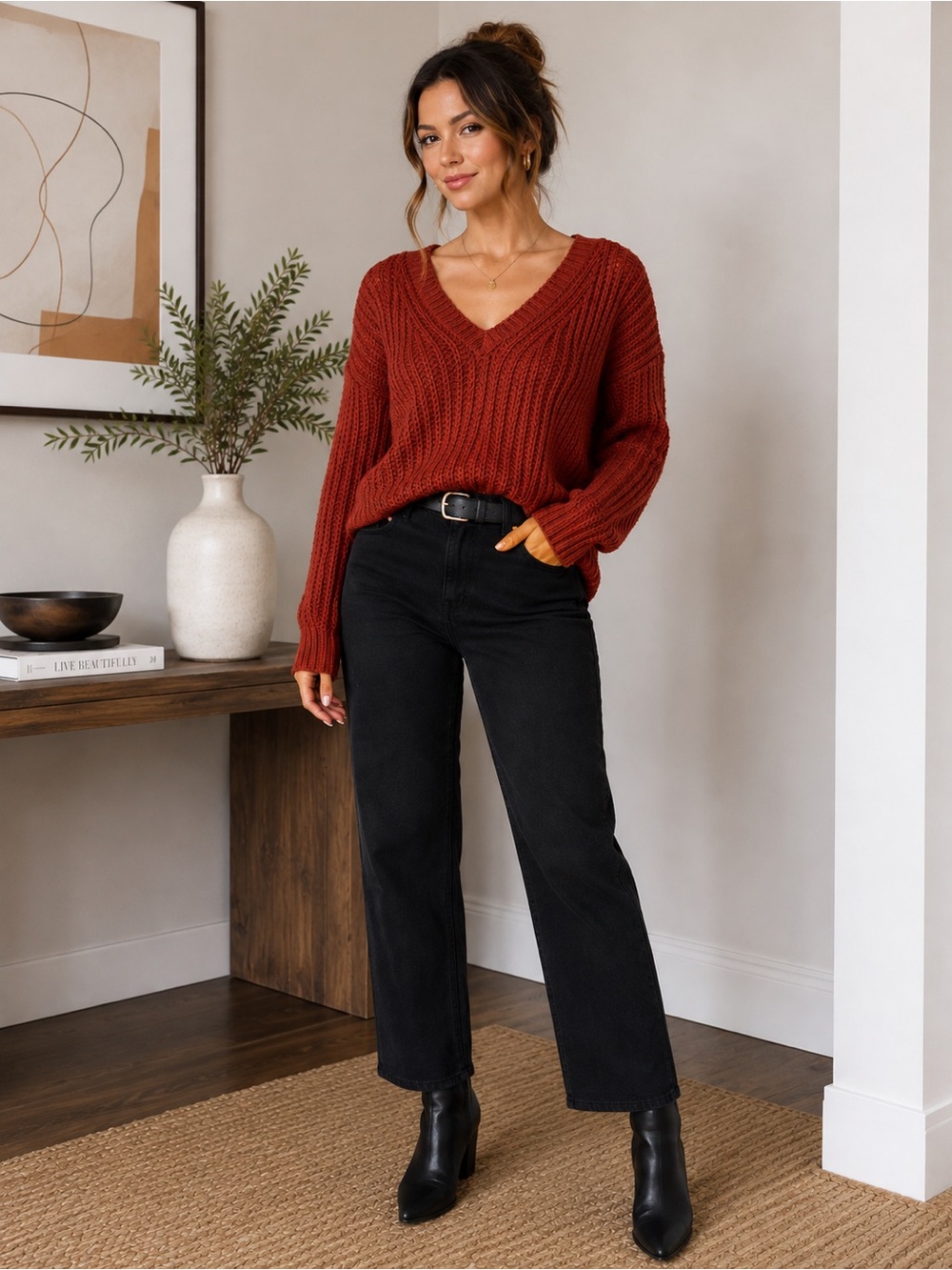 Garage Small Petite Rust Open Knit V-Neck Sweater Pullover